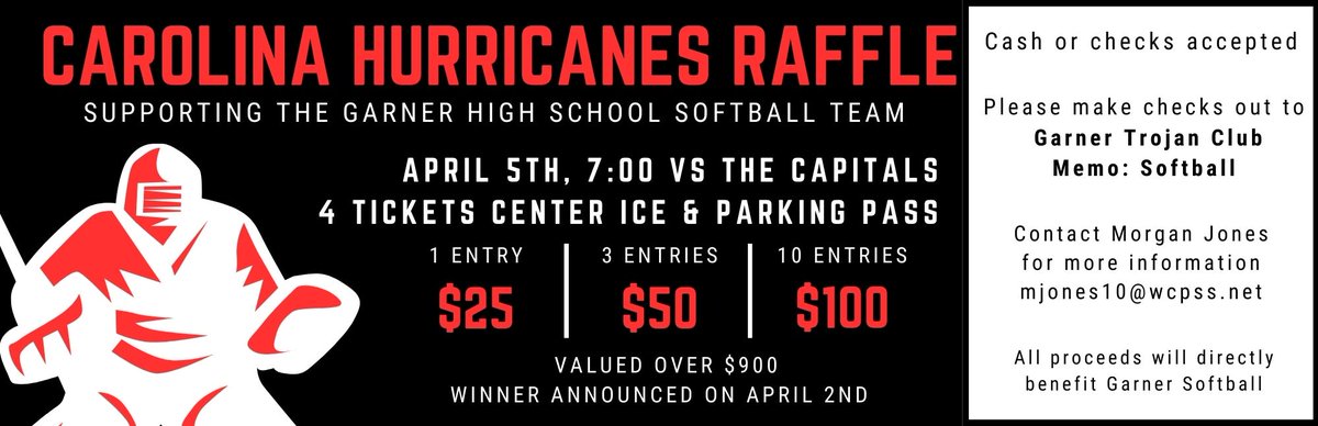 🚨CAROLINA HURRICANES RAFFLE 🚨
Support the Lady Trojans Softball Team!! 🥎
4 Center Ice tickets &amp; parking pass to the Hurricanes game on April 5th @ 7:00 vs the Capitals 🏒
Over $900 value! 

🎟 1 for $25🎟️3 for $50🎟️10 for $100 🎟

Winner notified April 2nd
See details below 👇