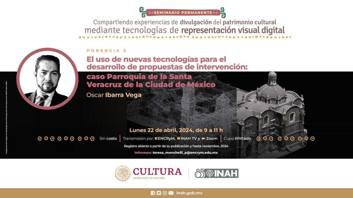 ENCRyM's tweet photo. Aprende más sobre el uso de nuevas tecnologías para el desarrollo de propuestas de #intervención, a través del caso Parroquia de la Santa Veracruz de la #CDMX; ponencia que contará con la participación de Oscar Ibarra Vega, profesor de la #ENCRyM.

👉 https://t.co/vtYbYDaaSW https://t.co/RfrYvPZpXw