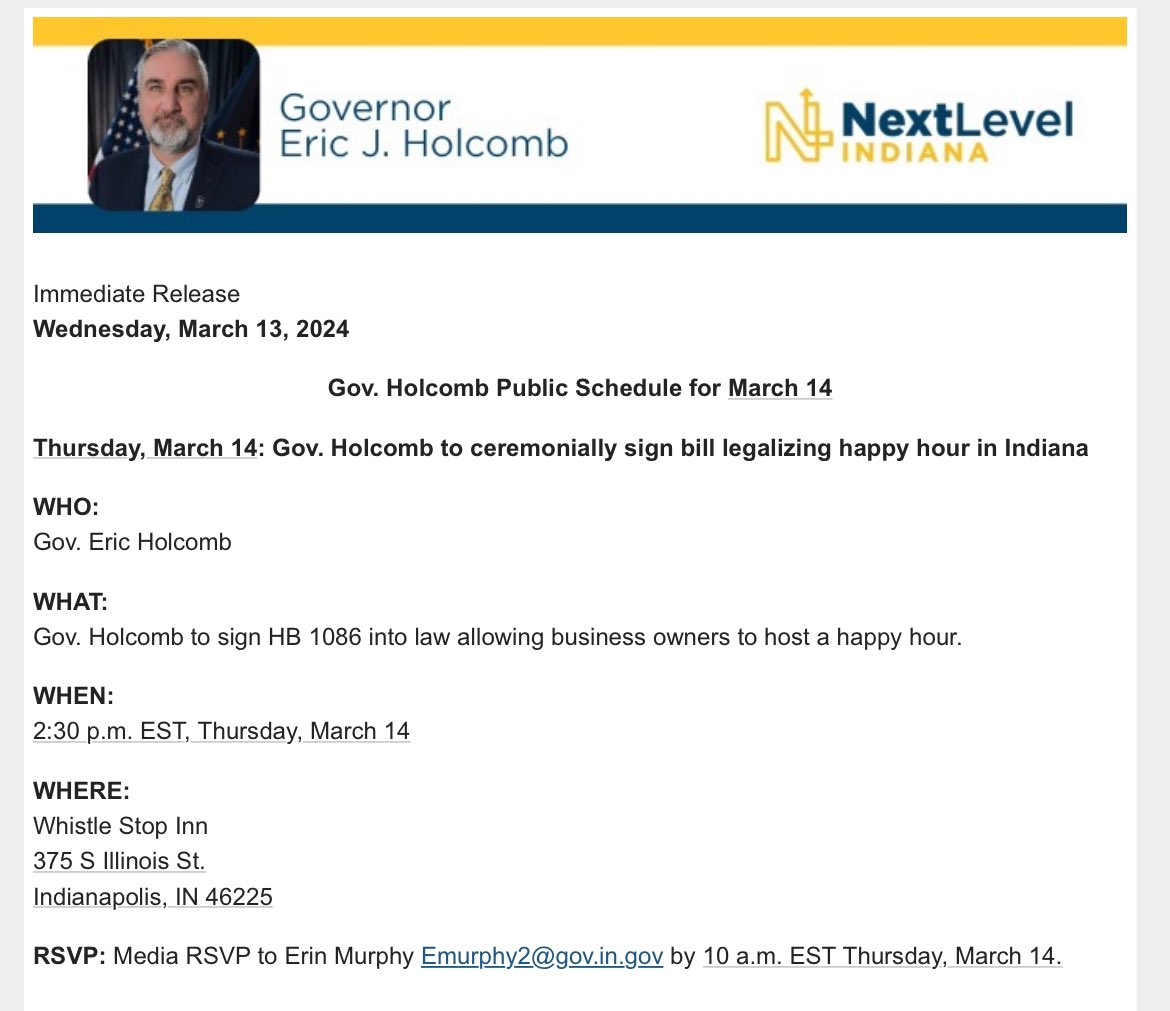 adamwren's tweet photo. The governor of Indiana is signing a bill to legalize happy hour here tomorrow. https://t.co/7NtBdZHNWP