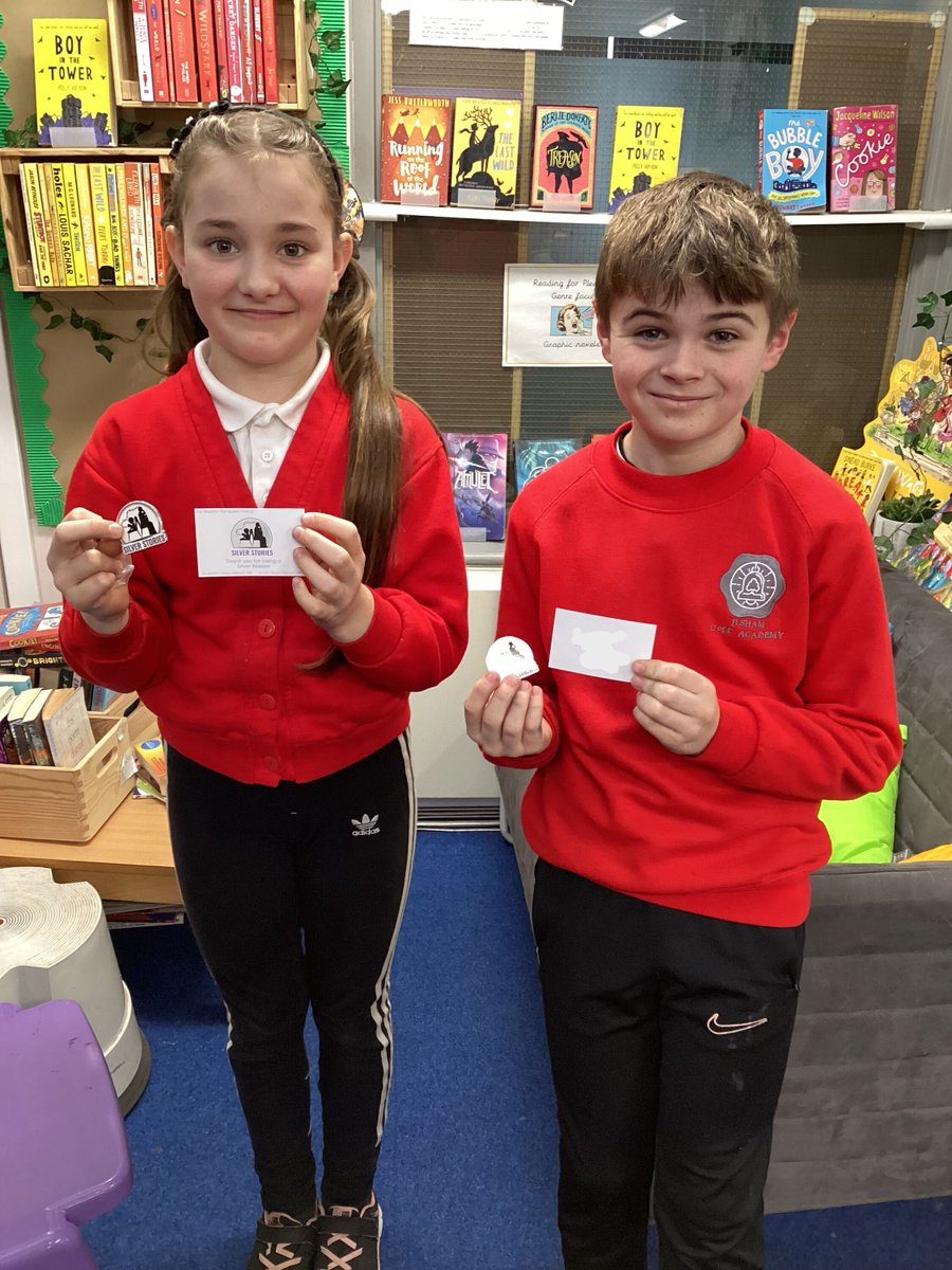 Today, two of our Silver Stories readers (children who read to older members of the community) received their own Silver Stories lapel pins. We are very proud of the dedication both children have shown to this charity. @IshamEngHub