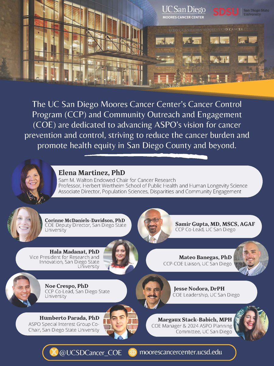 Our @UCSDCancer & @SDSU consortium team is excited for @ASPrevOnc's #ASPO2024 Annual Meeting in beautiful Chicago this weekend, and proud to contribute to the important work of this conference. Check out the program to find us & say hello! aspo.org/wp-content/upl… #HealthEquityNow