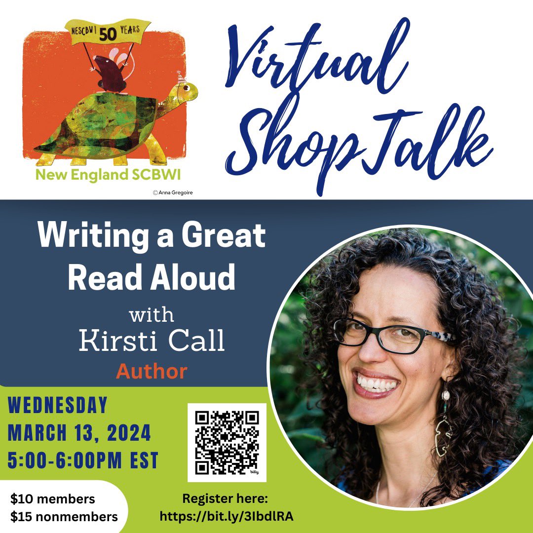 Happening tonight 3/13/2024 5-6pm ET: NESCBWI’s Virtual ShopTalk “Writing a Great Read Aloud” with @kirsticall! It’s not too late to register: scbwi.org/events/virtual…