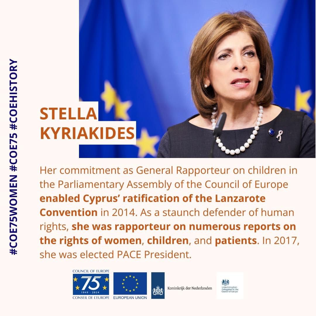 As a woman but also as a Cypriot I am so proud to see the @coe celebrating 75 years of history by giving light to #CoE75Women who have endlessly work for #democracy , #humanrights and the #ruleoflaw . 

@SKyriakidesEU you are always an inspiration for all. Thank you🙏