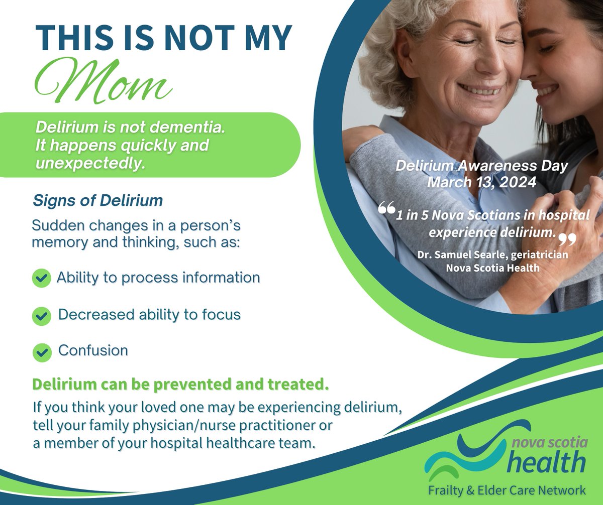 Nova Scotia Health (@healthns) on Twitter photo “This is not my mom”. March 13 is Delirium Awareness Day. If you think your loved one may be experiencing delirium, tell your family physician/nurse practitioner or a member of your hospital healthcare team. “This is not my mom”. March 13 is Delirium Awareness Day. If you think your loved one may be experiencing delirium, tell your family physician/nurse practitioner or a member of your hospital healthcare team.