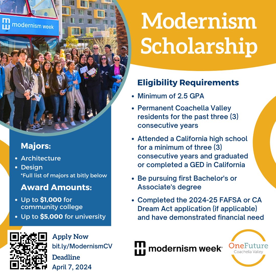 #ScholarshipAlert 🎓 Open to high school seniors, community college and university students! Visit bit.ly/ModernismCV to apply now! 💫 🚨 Deadline: Sunday, April 7, 2024 @ModernismWeek @CSUSBNews @CollegeofDesert