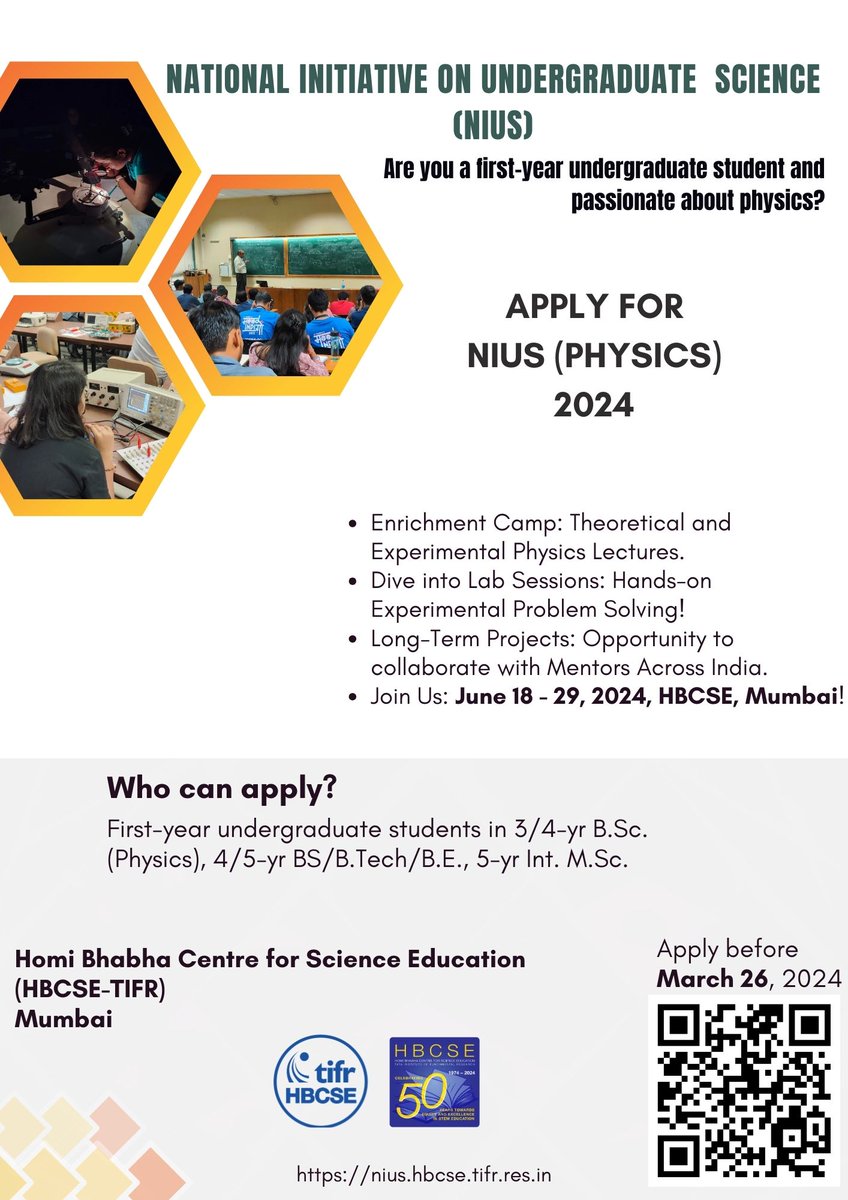 Are you a first year undergraduate student and passionate about #physics ? Apply for #NIUS program 2024 before March 26. For details visit nius.hbcse.tifr.res.in/announcements/…