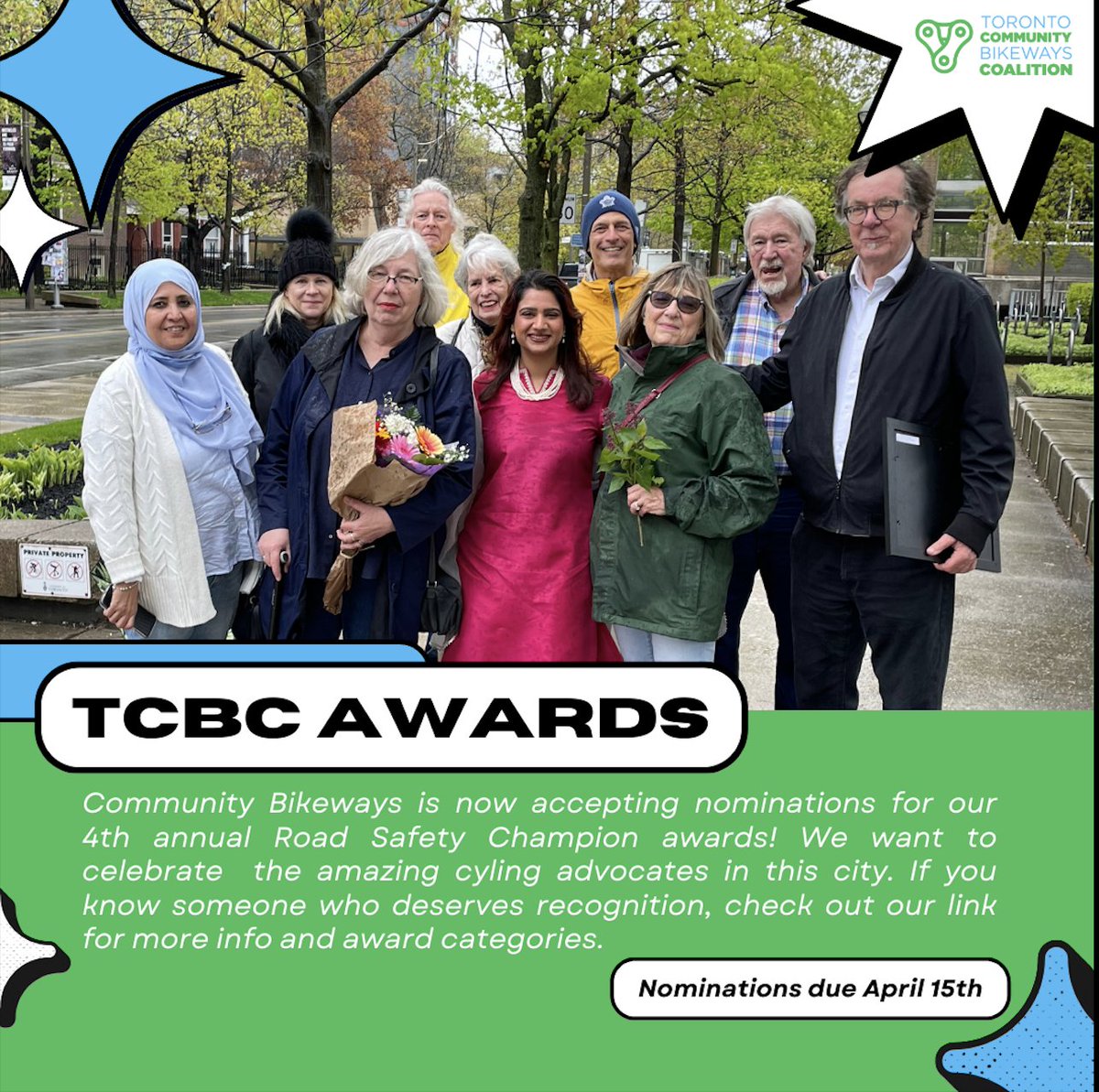 Our 4th annual Road Safety Champion awards ... business, suburban, emerging, and Wayne Scott awards. Deadline April 15. Check it out here ... communitybikewaysto.ca/community-advo… #biketo