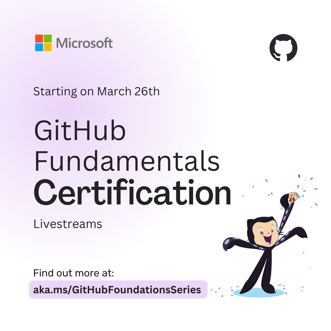 John_Papa's tweet image. 🚀✨ Join us at the #GitHubFoundations series and get a GitHub certification! Learn the foundations of GitHub with real projects using GitHub Copilot and GitHub Codespaces!
Find out how you can get a free voucher to take this certification here: aka.ms/GitHubFoundati…