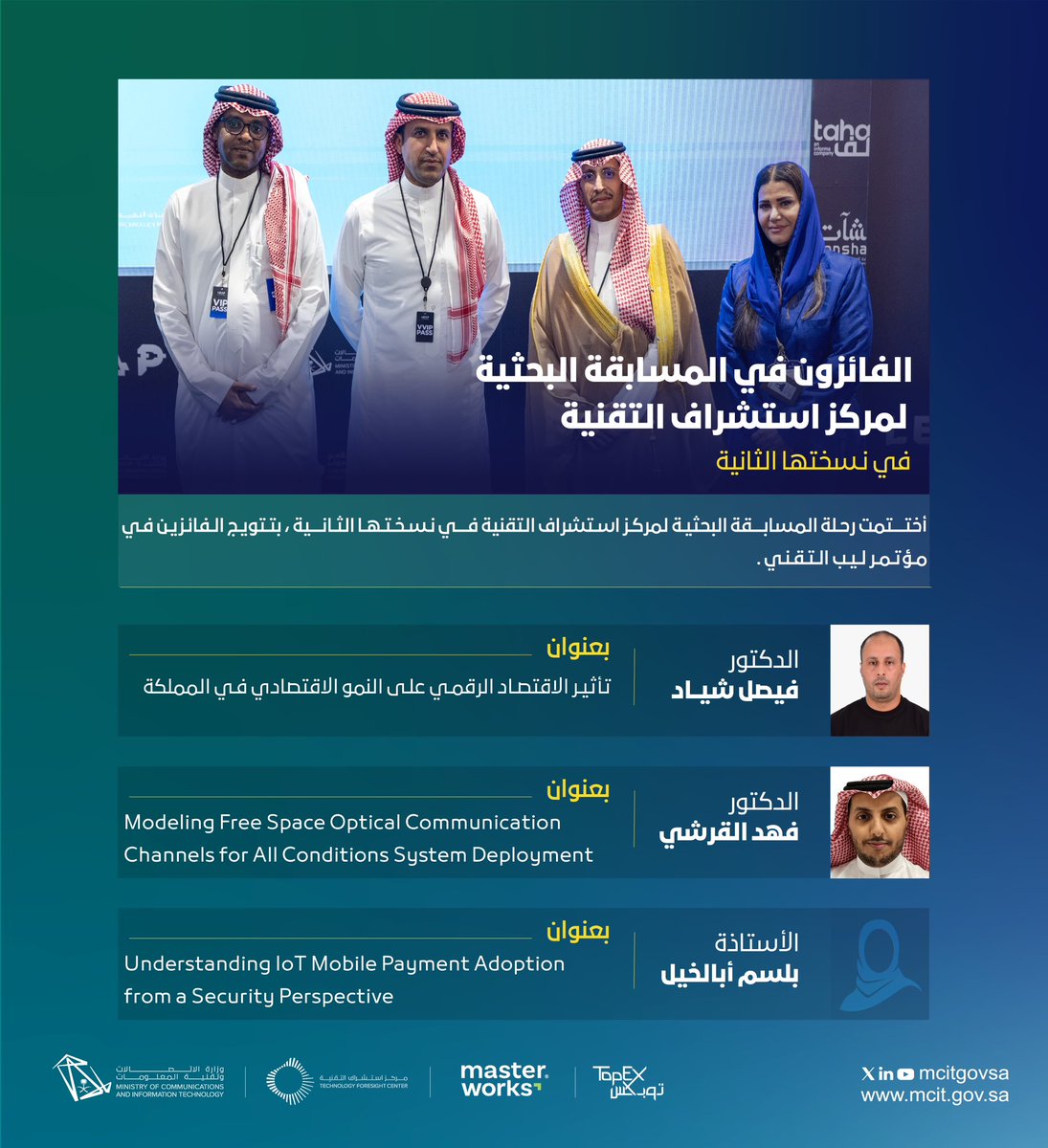 نبارك للدكتور فيصل شياد والدكتور فهد القرشي والأستاذة بلسم أبالخيل فوزهم بالمسابقة البحثية لمركز استشراف التقنية في نسختها الثانية. ونشكر <a href="/MasterWorks_SA/">Master Works - ماستروركس</a> و <a href="/topex_sa/">TopEx | توبكس</a>  لدعمهم وتحفيزهم لمسيرة البحث والابتكار.  

جهود متميزة نفخر بها لمستقبل رقمي مزدهر.