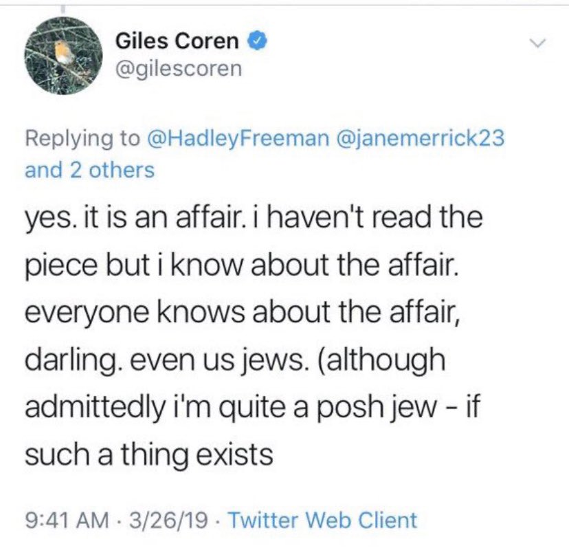 El periodista británico Giles Coren confirmó también en 2019 que 'sí, es una infidelidad' y que: 'todo el mundo sabe sobre la infidelidad' en un tweet que luego eliminó. Su tweet es referenciado en un artículo que colocaré a continuación.