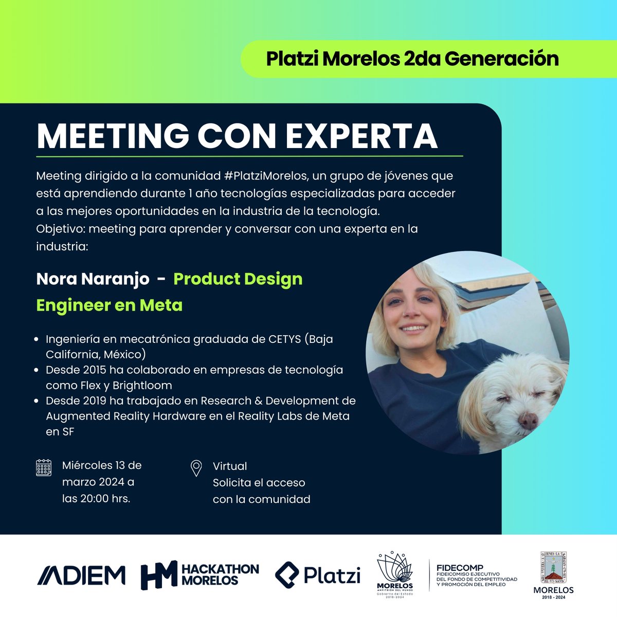 HackMorelos's tweet photo. Hoy tendremos un meeting con Nora Naranjo (@avedeeo) como invitada especial.
Será una gran oportunidad para que la comunidad #HackMorelos conecte y aprenda de una mexicana experta en tecnología colaborando en una de las empresas más grandes de tecnología 🔥 https://t.co/gJStGN80Ls