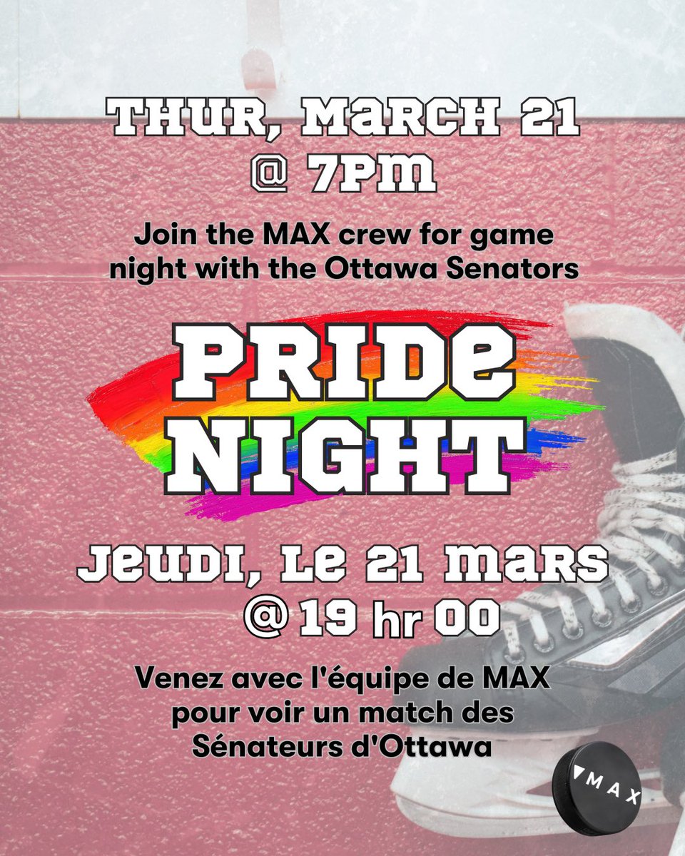 Hockey fans! <a href="/max_ottawa/">MAX Ottawa🔻</a> is holding a Pride night to see the Ottawa Senators vs. St. Louis Blues at Canadian Tire Centre on March 21! 🏒

Come join us to cheer on the team and see some grunting, sweaty men crash into each other on the ice 🥵

Ticket link:
tinyurl.com/4yxd5wu2