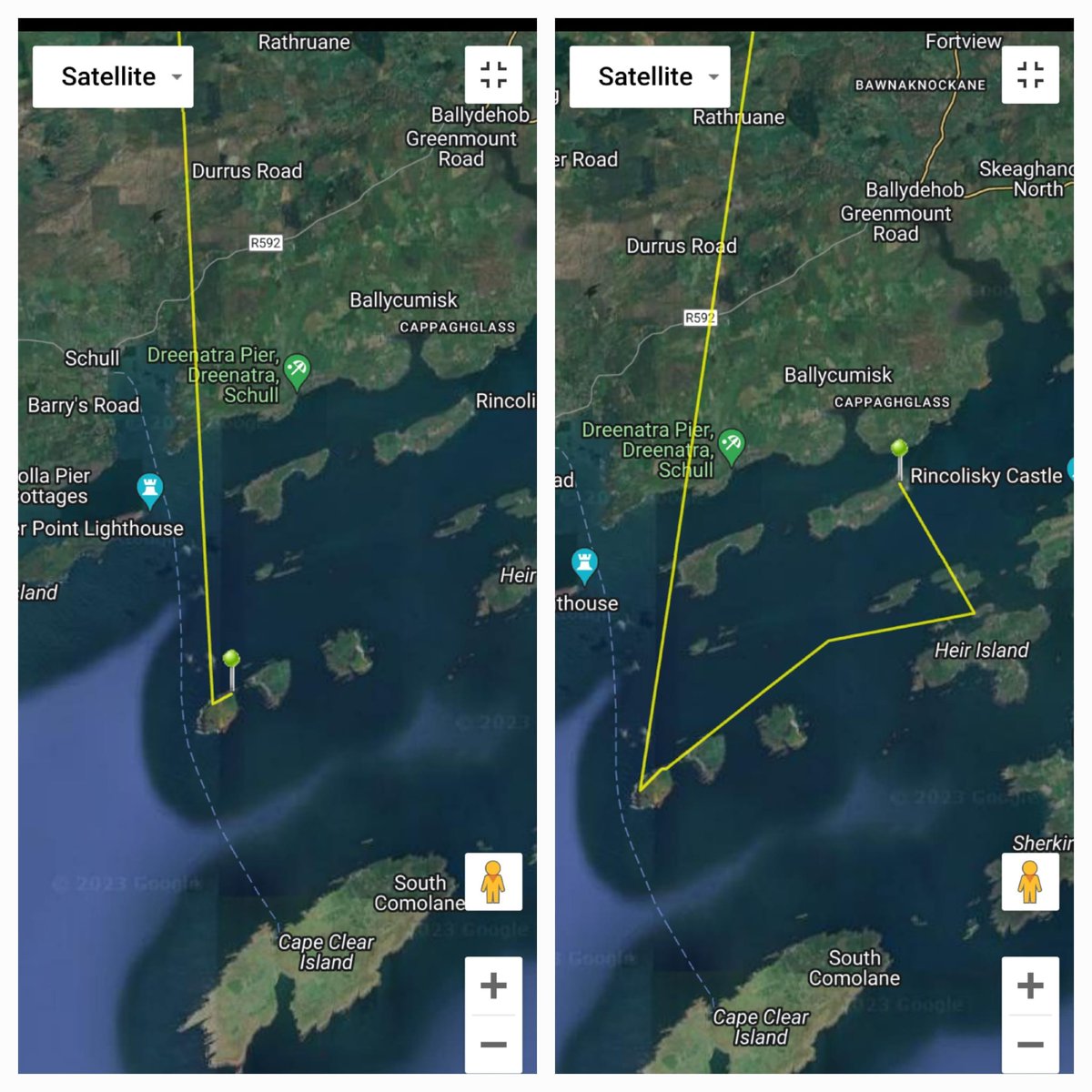 White-tailed Sea Eagle update: Last year's Glengarriff chick (pictured aged 9 weeks) is now in Co Kerry but he spent some of the winter in Roaringwater Bay, Co Cork. One day he was joined briefly by his sibling Cuileann, who fledged in 2022 (see image of their tracks 3/11/23).