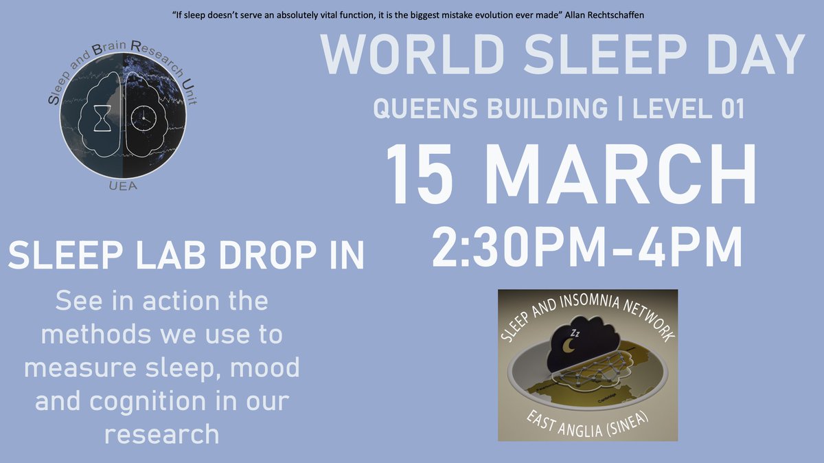 😴😴 Friday is World Sleep Day! If you'll be on campus, drop by Queens Building between 2:30-4pm to talk to some of our world-leading experts, and see the methods they use to research the link between sleep, mood, and cognition!