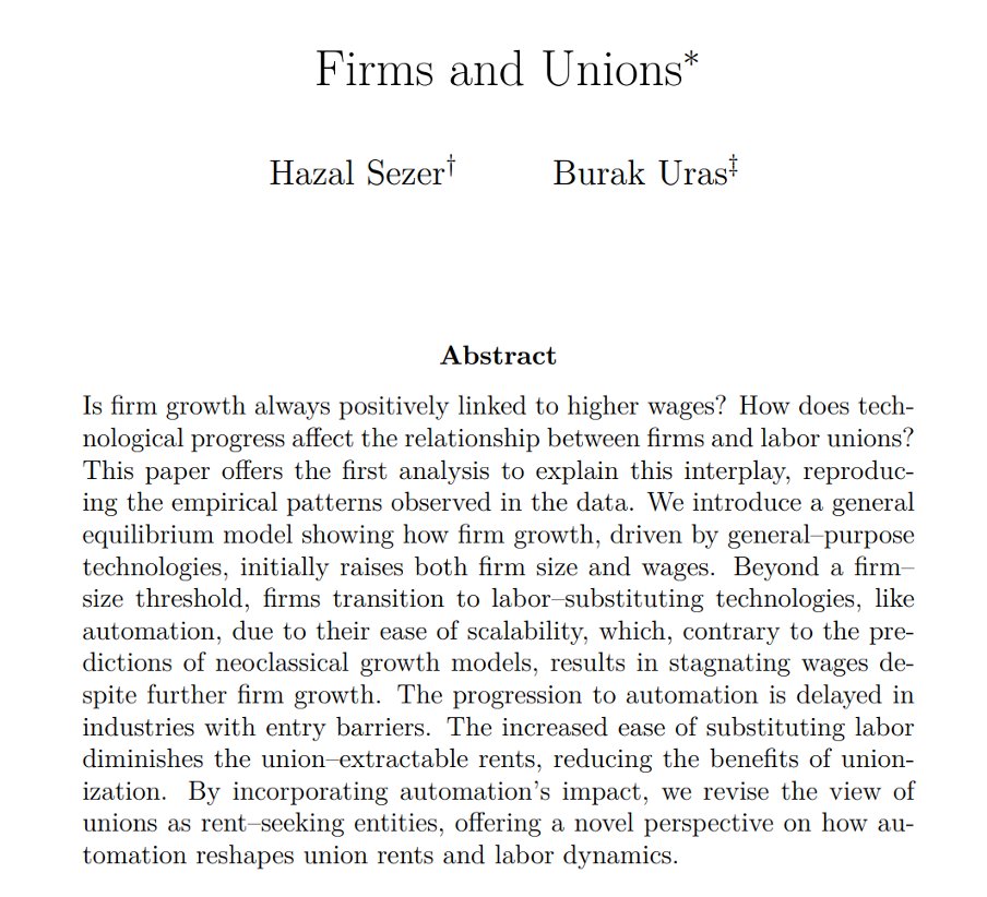 HazalSezerEcon's tweet photo. 🚨 New Working Paper Alert @UrasEcon🚨"Firms and Unions": Diving into the intricate interplay between firm growth, wages, and the unstoppable march of technology. Is firm growth always better for wages? Let's find out! 🧵 https://t.co/yie8cVqweU