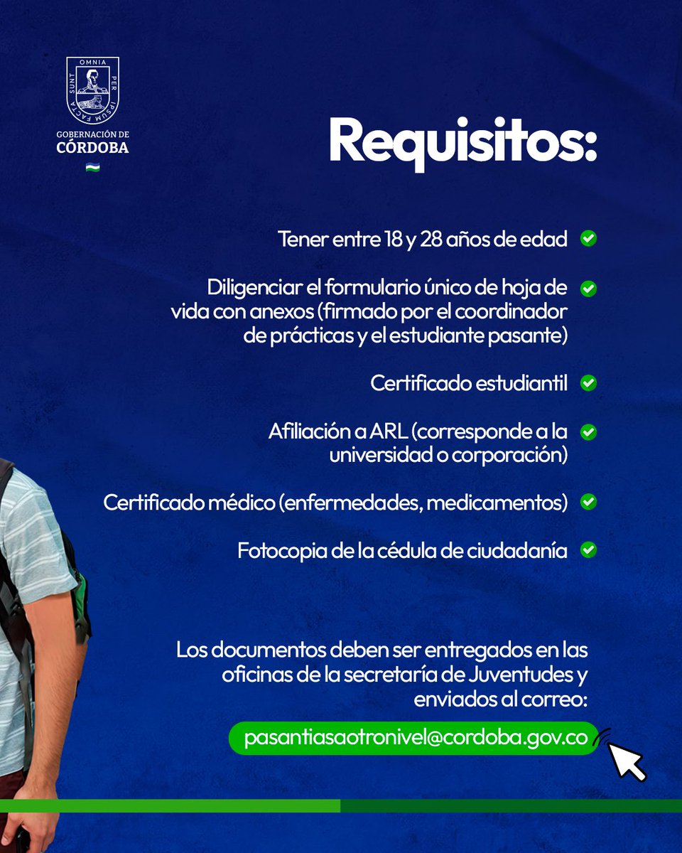 La gobernación de Córdoba tiene vacantes disponibles para hacer tus prácticas profesionales.🤩

Si tienes entre 18 y 28 años, y cumples todos los requisitos, no dudes en postularle para hacer tus pasantías a otro nivel 👏