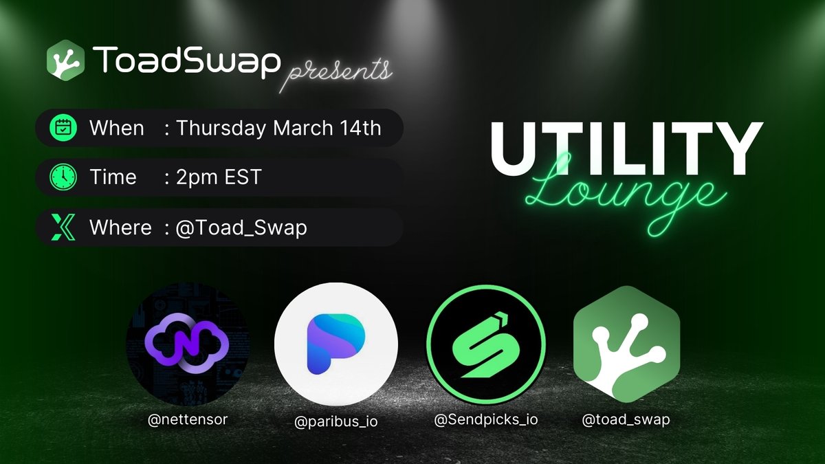 📢Join us this Thursday, March 14th at 2 pm EST for an exciting Utility Lounge Twitter Space! 
x.com/i/spaces/1zqKV…

🎙️Hear from innovative projects:
<a href="/nettensor/">Nettensor</a>, <a href="/paribus_io/">Paribus</a>, <a href="/Sendpicks_io/">Sendpicks</a> and <a href="/Toad_Swap/">ToadSwap</a> hosted by @accomplish777

💰$250 giveaway - To win:
✔️Like + RT 
✔️Follow