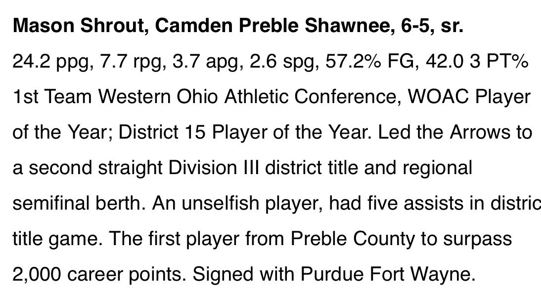 Congratulations to Preble Shawnee’s Mason Shrout on being named an Ohio Mr. Basketball finalist! <a href="/PS_Arrows/">Preble Shawnee Arrow Athletics</a> <a href="/masonshrout5/">mason shrout 🤍</a> 🏀

I’ll be at the Arrows’ Div. 3 regional semifinal game tonight against WOAC rival Tri-Village at Trent Arena at 5:30 pm. <a href="/WDTN/">WDTN</a>