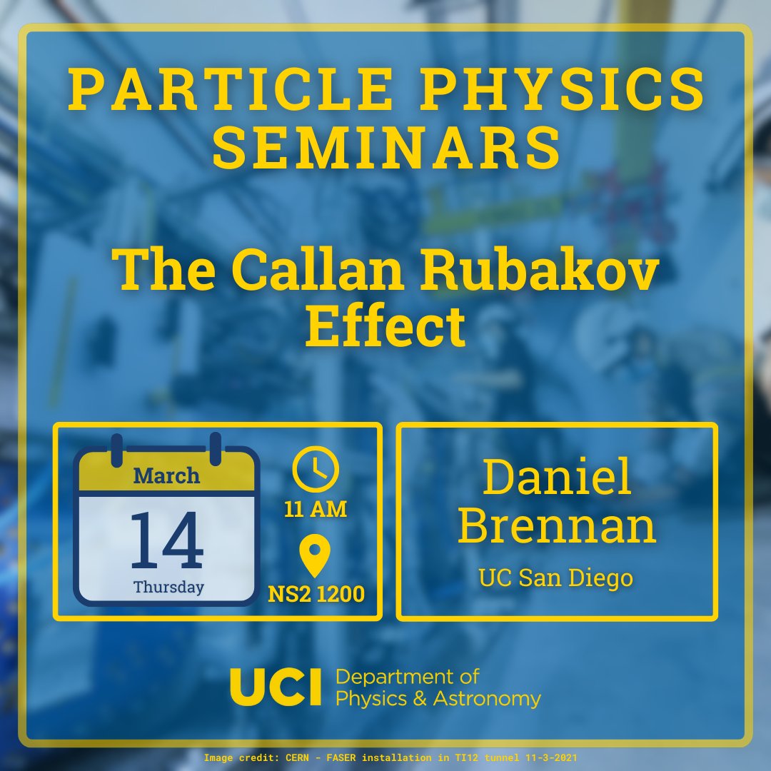 UCIPhysAstro's tweet image. Our next #particlephysics speaker is Daniel Brennan from @UCSDPhySci, who will explain the Callan Rubakov Effect, which &quot;describes the interaction between (massless) fermions and a smooth monopole in 4d gauge theory.&quot;
@UCIPhysSci @UCIrvine #physics