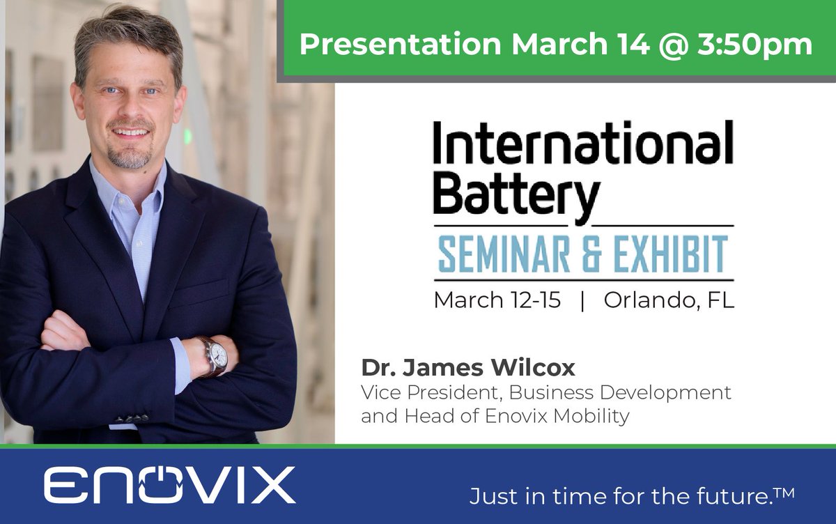 Attending the International Battery Seminar? Don't miss Dr. James Wilcox, VP of Business Development and Head of Enovix Mobility, Thursday, March 14 at 3:50pm 👉internationalbatteryseminar.com/consumer-elect…