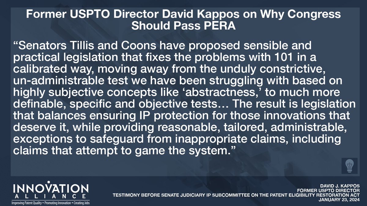 U.S. leadership in next generation technologies is undermined by an unpredictable patent system. Congress must pass #PERA. @HouseJudiciary @JudiciaryGOP @JudiciaryDems @SenJudiciaryGOP #PatentsMatter Former @USPTO Director David Kappos⤵️