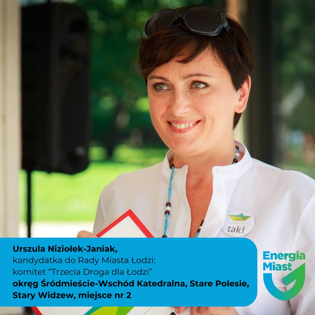 Ula Niziołek-Janiak z Łodzi:
Społeczniczka od 2008 roku związana z ruchami miejskimi. Przewodnicząca ruchu miejskiego Stowarzyszenie Tak dla Łodzi i wiceprezeska Federacji Piesza Polska. Przez ostanie 5 lat doradzała, jak ratować drzewa w mieście.