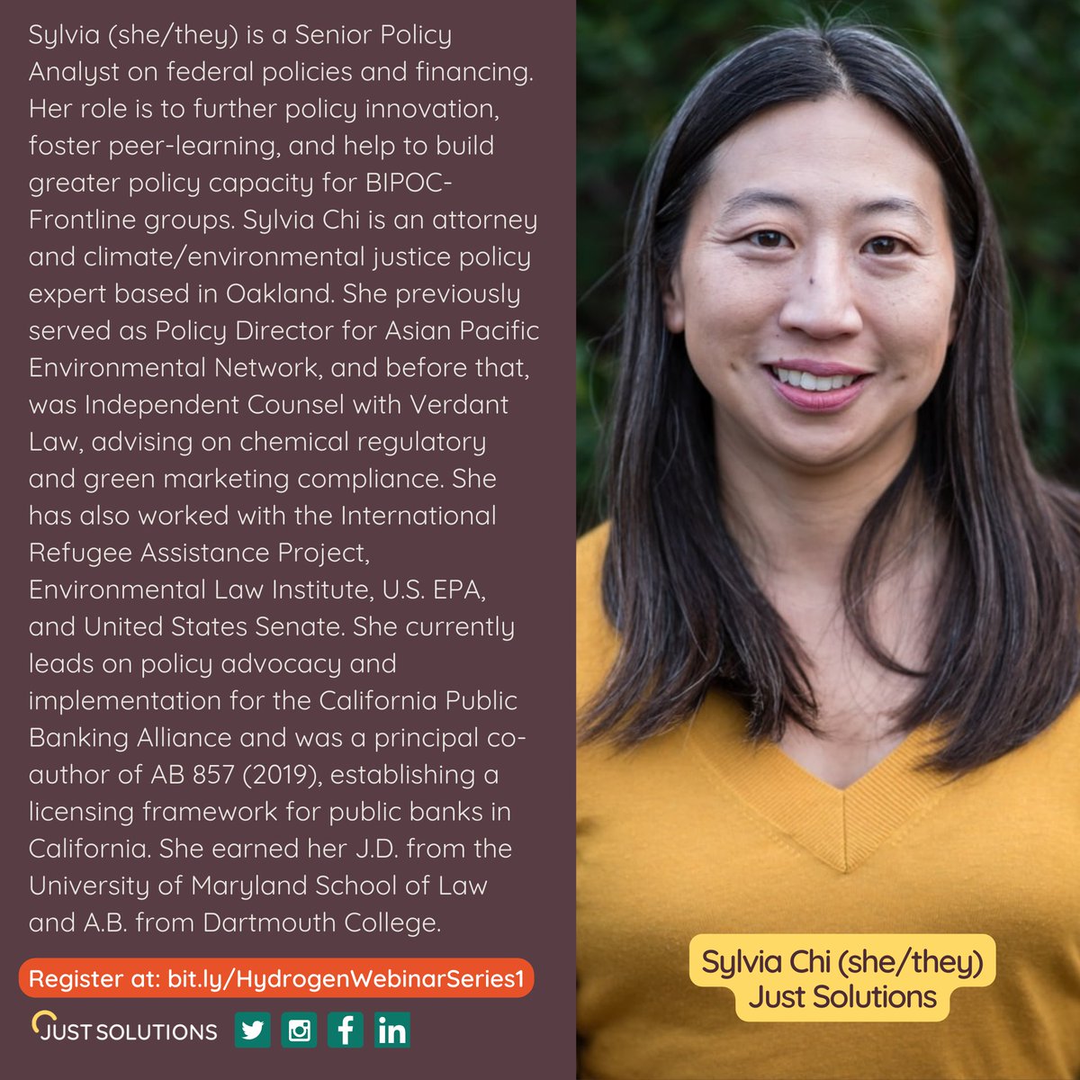 @CBECal Meet the panelists: Sylvia Chi, Senior Policy Analyst at @Just_Solutions_ #HydrogenEJFramework