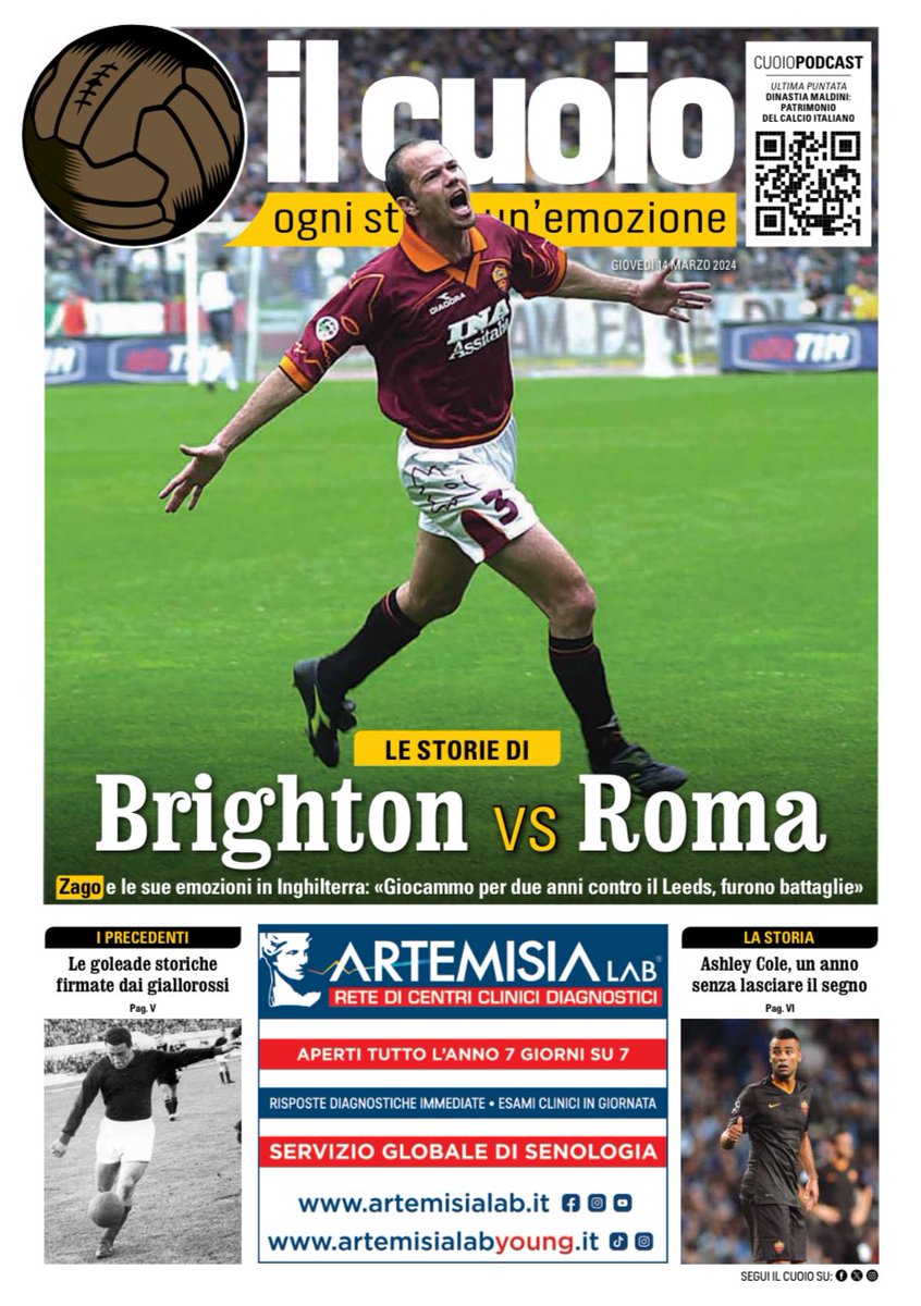 Domani, in occasione di #BrightonRoma di #EuropaLeague, torniamo con l'inserto #IlCuoio all'interno del #CorrieredelloSport; io vi racconto il 'mitico' anno di Ashley Cole alla Roma, oltre a una lista di inglesi che hanno fatto parte della storia giallorossa. #Edipress