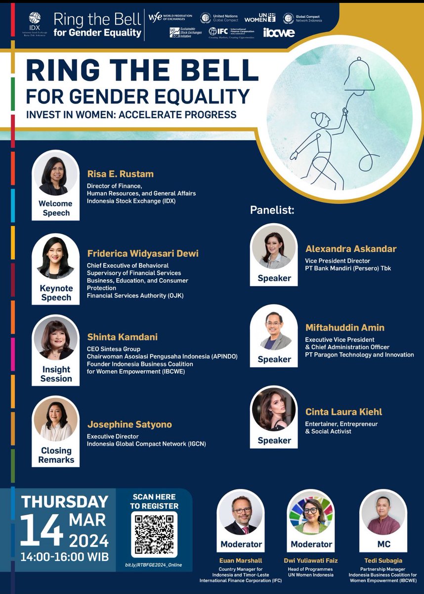 From Argentina to Vietnam, almost 120 stock exchanges incl🇮🇩are participating in this year’s #Ringthebell for Gender Equality. @UN_Women is proud to be a longstanding partner in advancing women’s financial inclusion where trillions of $ of investment decisions are made daily.