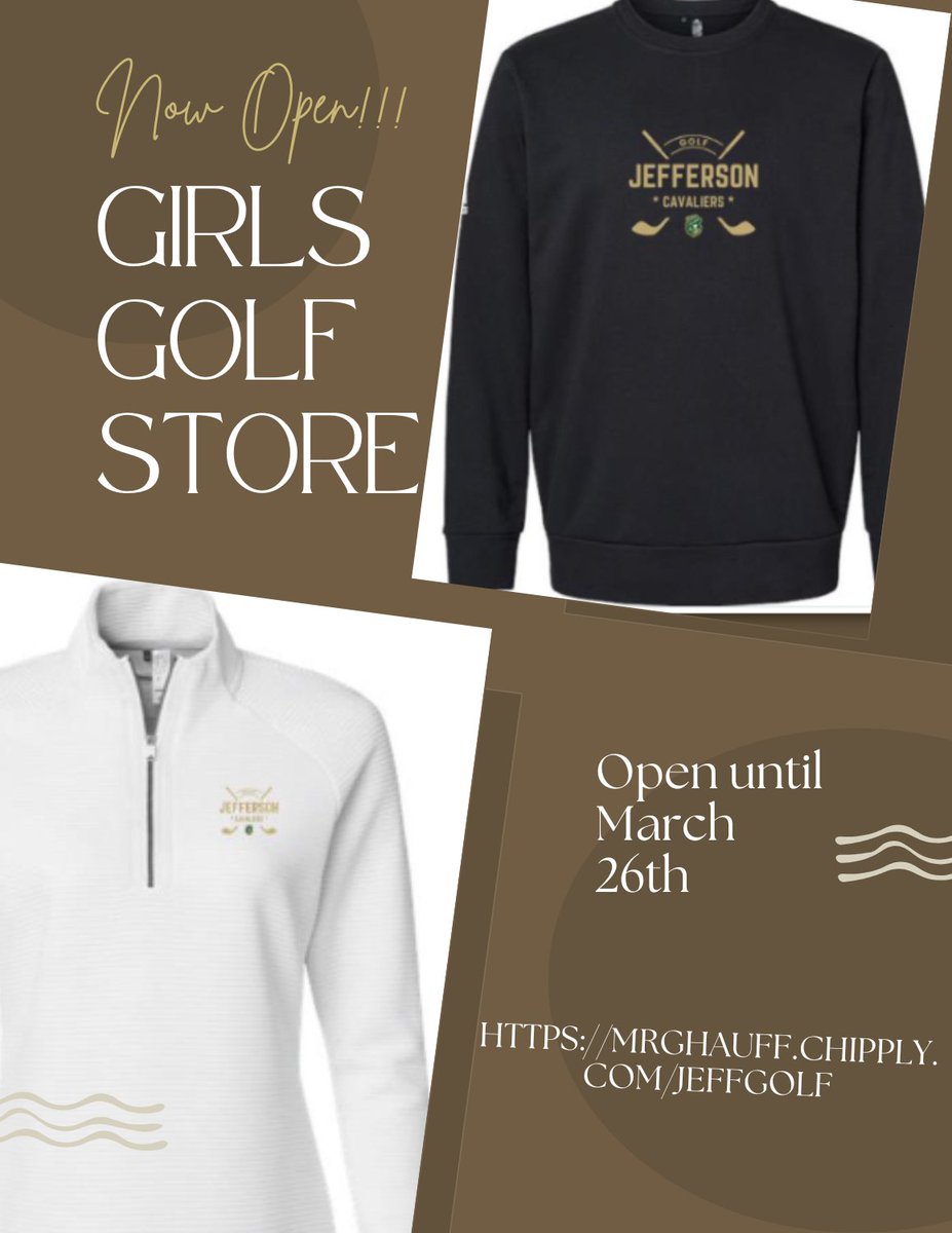Team store is now open!! Get your girls golf clothing. Store closes on March 26th!

mrghauff.chipply.com/JEFFGOLF