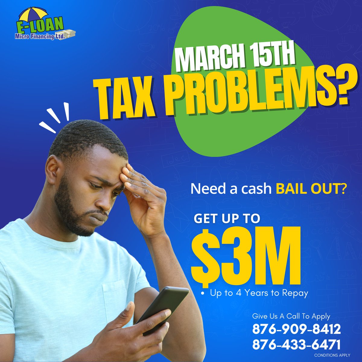 Facing tax troubles this March 15th? Don't stress! 💸 Our loan solutions can bail you out with up to $3 million. Get back on track with up to 4 years to repay. 
#TaxTroubles #LoanSolution #BestLoanCompanyInJamaica #eloan876 #Montegobayloancompany #loansinjamaica