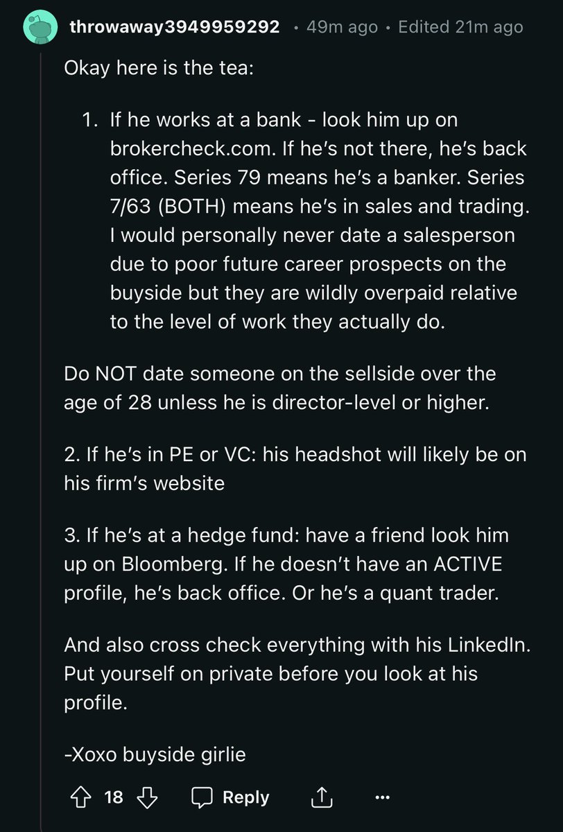 “If he’s at a hedge fund, have a friend look him up on Bloomberg. If he doesn’t have an ACTIVE profile he’s back office. Or he’s a quant trader.”