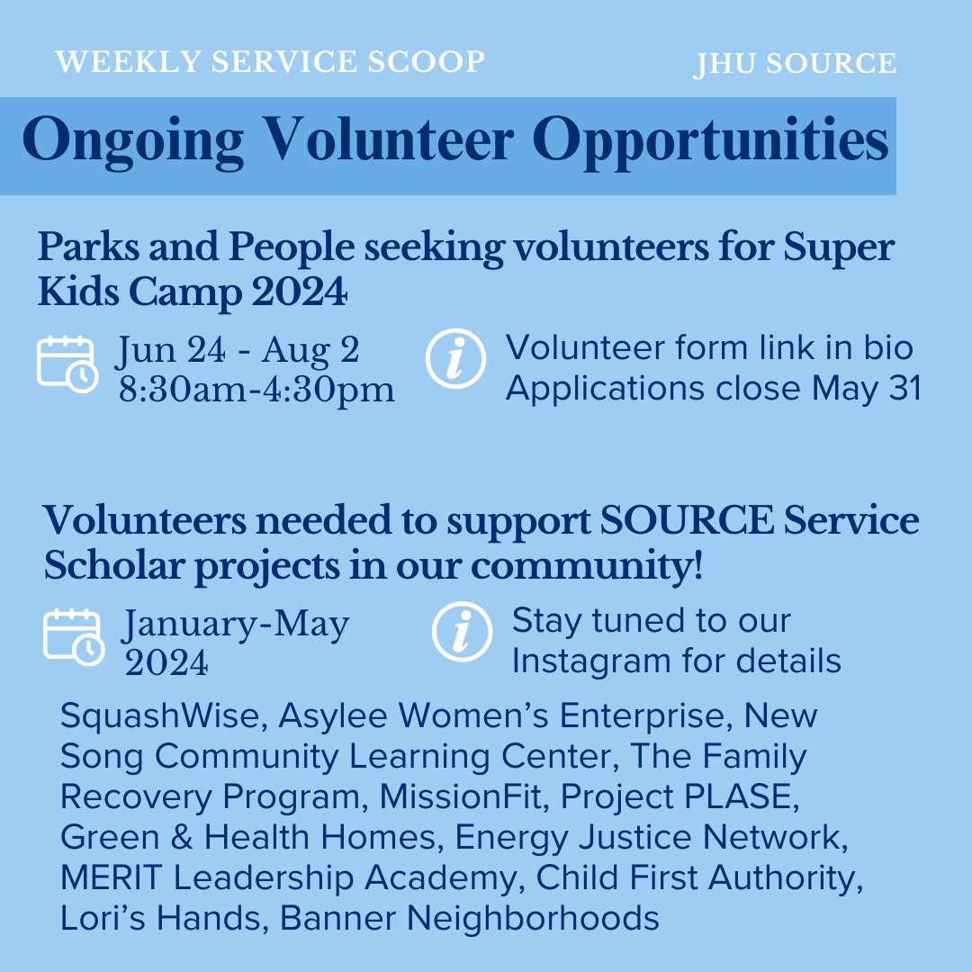 It's time for the Weekly Scoop Roundup! Swipe to see all of the amazing opportunities for service with our community partners this week (Mar 12-18). Make sure to check out the Scoop email for more information and links.