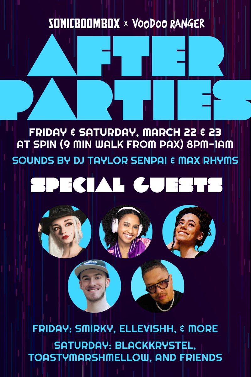 PAX Party people!🗣️ Sonicboombox & @voodooranger are taking over SPIN (9 min walk from PAX) on Friday & Saturday night 🔥 Live DJs, dancing, drink specials, cosplay, photobooth, special guests, and more 🍻 $10 in advance at Sonicboombox.com