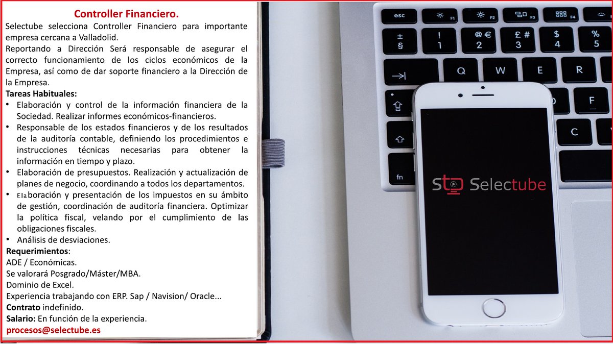 Selectube's tweet photo. @Selectube selecciona Controller Financiero para importante empresa del entorno de Valladolid.
Reportará a Dirección.
Aseguraando el correcto funcionamiento de los ciclos económicos de la Empresa a nivel de gestión y documentación, así como de dando soporte financiero Dirección https://t.co/CwfFnlvo2w