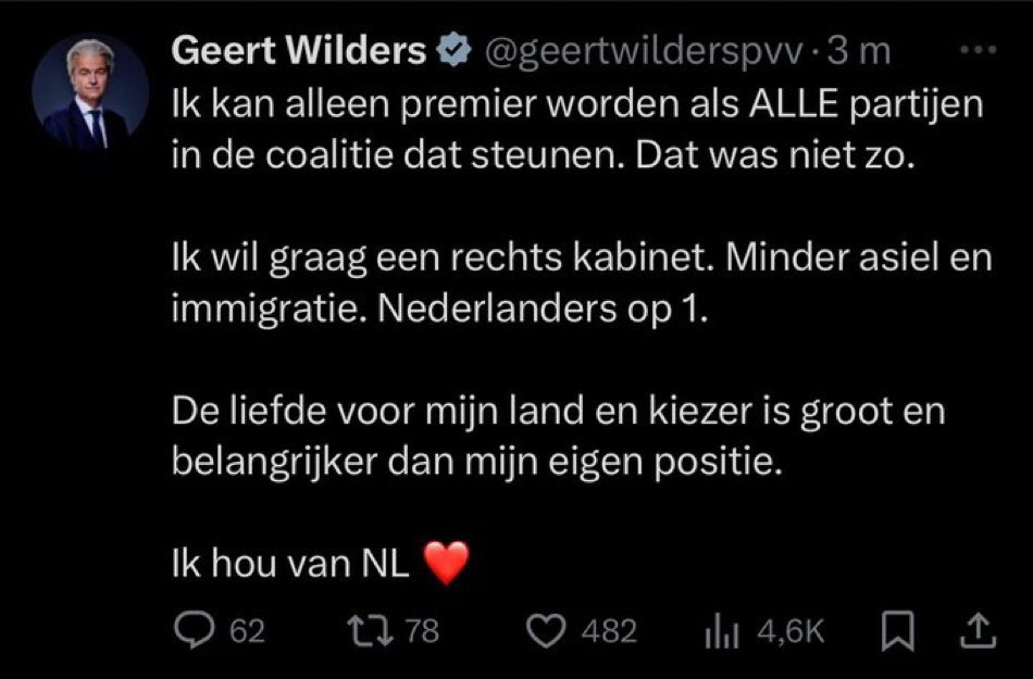 Jarenlang:

- Beledigen &amp; haat zaaien
- Bevolkingsgroepen discrimineren
- Grondrechten van sommigen willen afpakken
- De rechtsstaat ondermijnen
- Rechters corrupt noemen
- journalisten tuig van de richel noemen

En nu het slachtoffer uithangen. Schande.

#Wilders #formatie