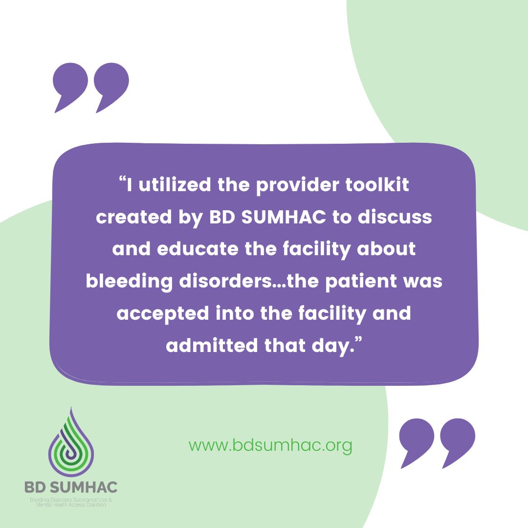 Did you know that BD SUMHAC has free toolkits specifically designed to help providers, people with #bleedingdisorders, and their loved ones gain #access to care? Find toolkits at bdsumhac.org/resources!  

#equityandaccess #substanceuse #hemophilia #advocacy