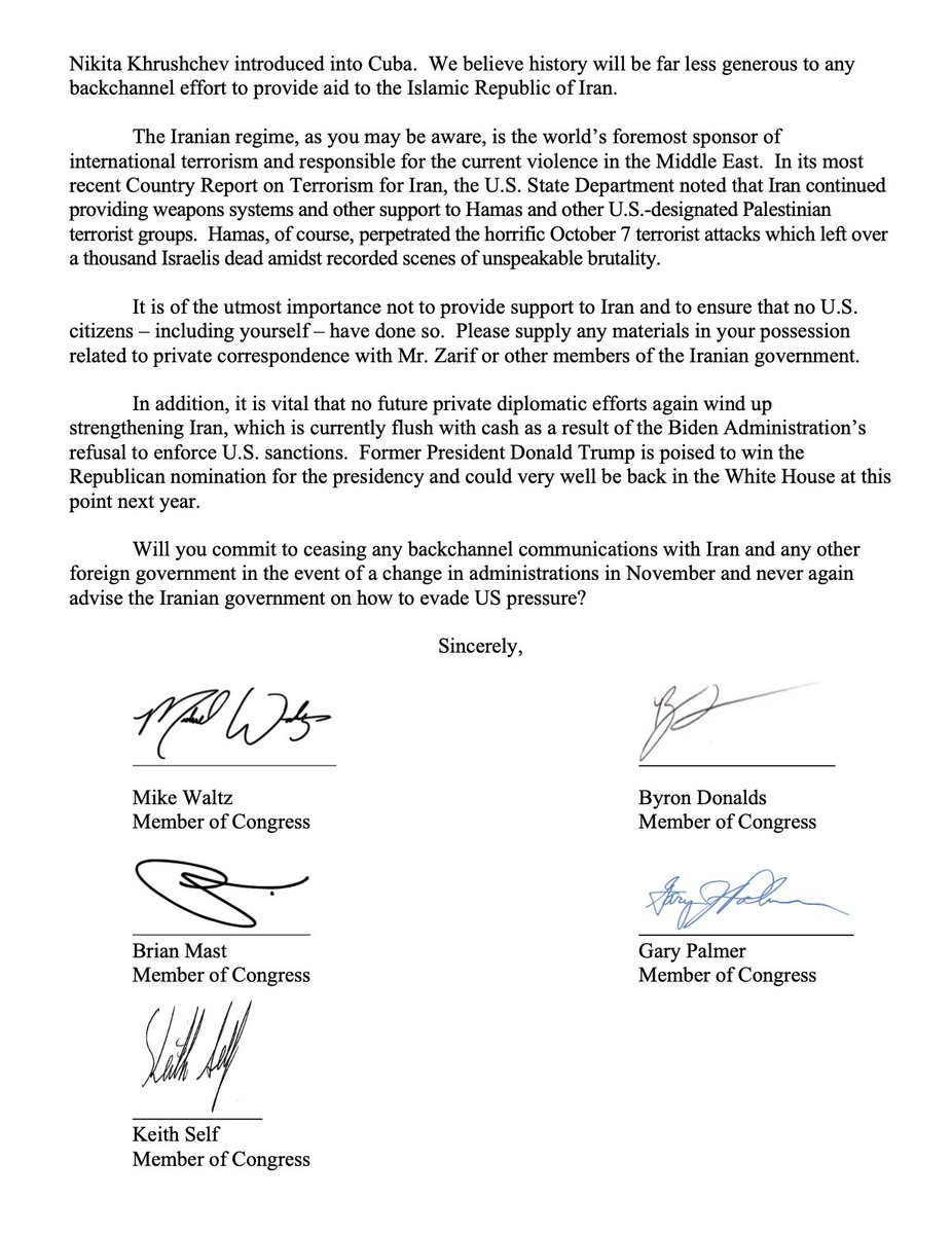 Today, Rep. Waltz led a letter to former Special Presidential Envoy for Climate John Kerry requesting all private correspondence with former Iranian Foreign Minister Javad Jarif during the Trump Admin and accused Kerry of likely violating the Logan Act. waltz.house.gov/news/documents…