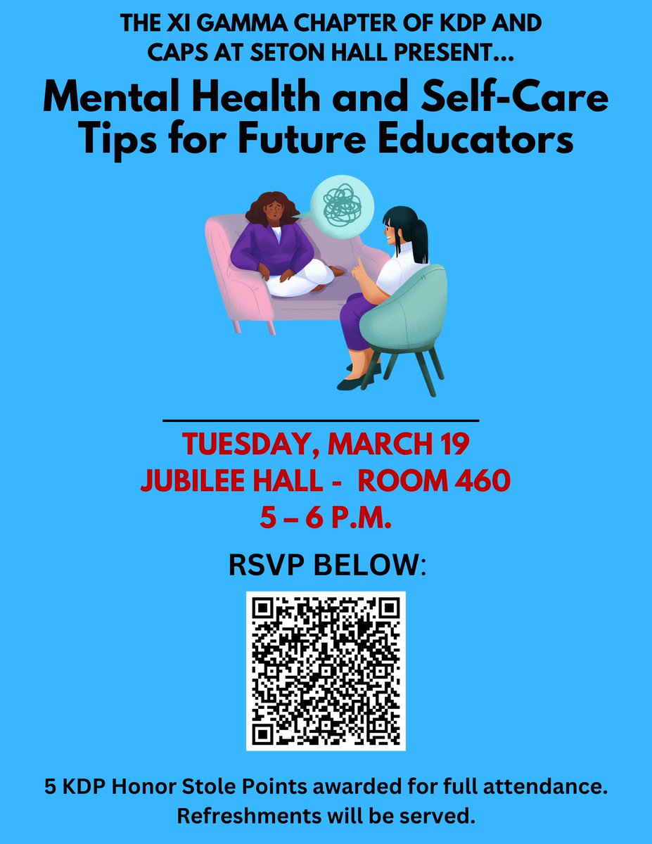 KDPSHU's tweet photo. Hey KDP Family,

I hope you are enjoying this beautiful weather.

Please join us for a discussion about the importance of mental health and how to practice self-care as pre-service teachers and beyond.

We look forward to seeing you next week! https://t.co/mXl7qX2h8T