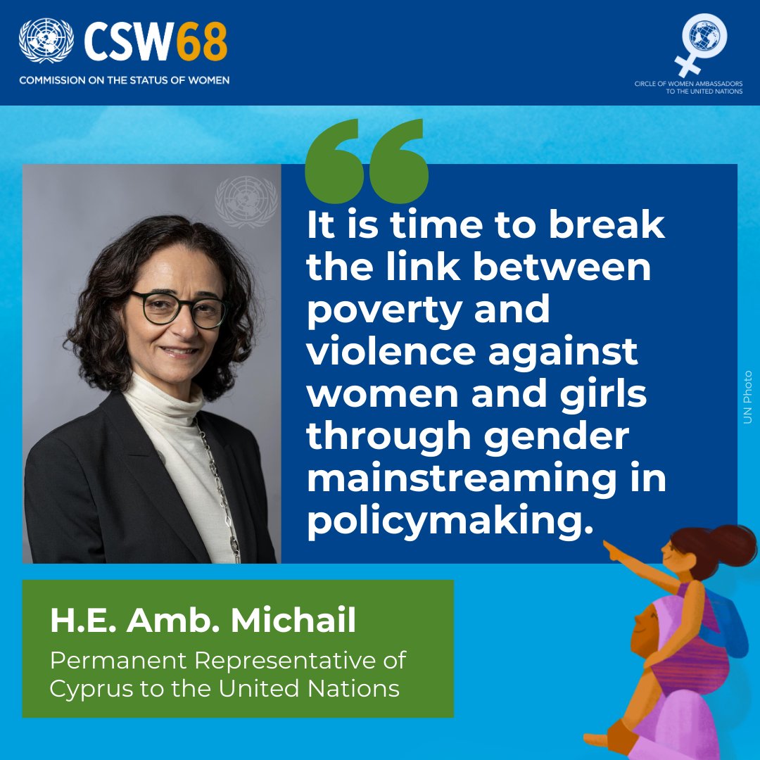 The Circle of Women Ambassadors to the @UN are committed to achieving #GenderEquality and the empowerment of all women and girls and working towards ending women’s poverty. This is the message of H.E. @MichailmariaCY of @CyprusinUN. #CSW68 #InvestInWomen