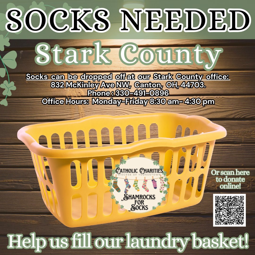 CCDOY's tweet image. Join us in our mission to fill our laundry basket with socks! 🧦
STARK COUNTY is in urgent need of sock donations to support Catholic Charities Shamrocks for Socks Collection throughout March. 
Shop our amazon wish list: a.co/9M8fmWC

#starkcounty #StarkCountyOhio