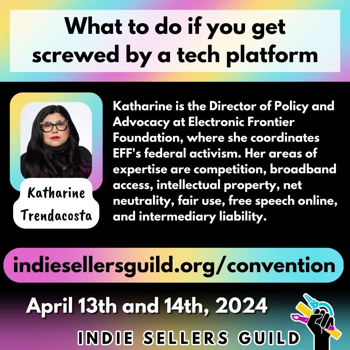 IndieSellersGld's tweet image. We are really looking forward to this panel by Katharine with @eff (eff.org) at the ISG Virtual convention! buff.ly/3TaqxLE

#indiesellersguild #ISGconvention #regulatebigtech #peopleoverprofit #exploitation