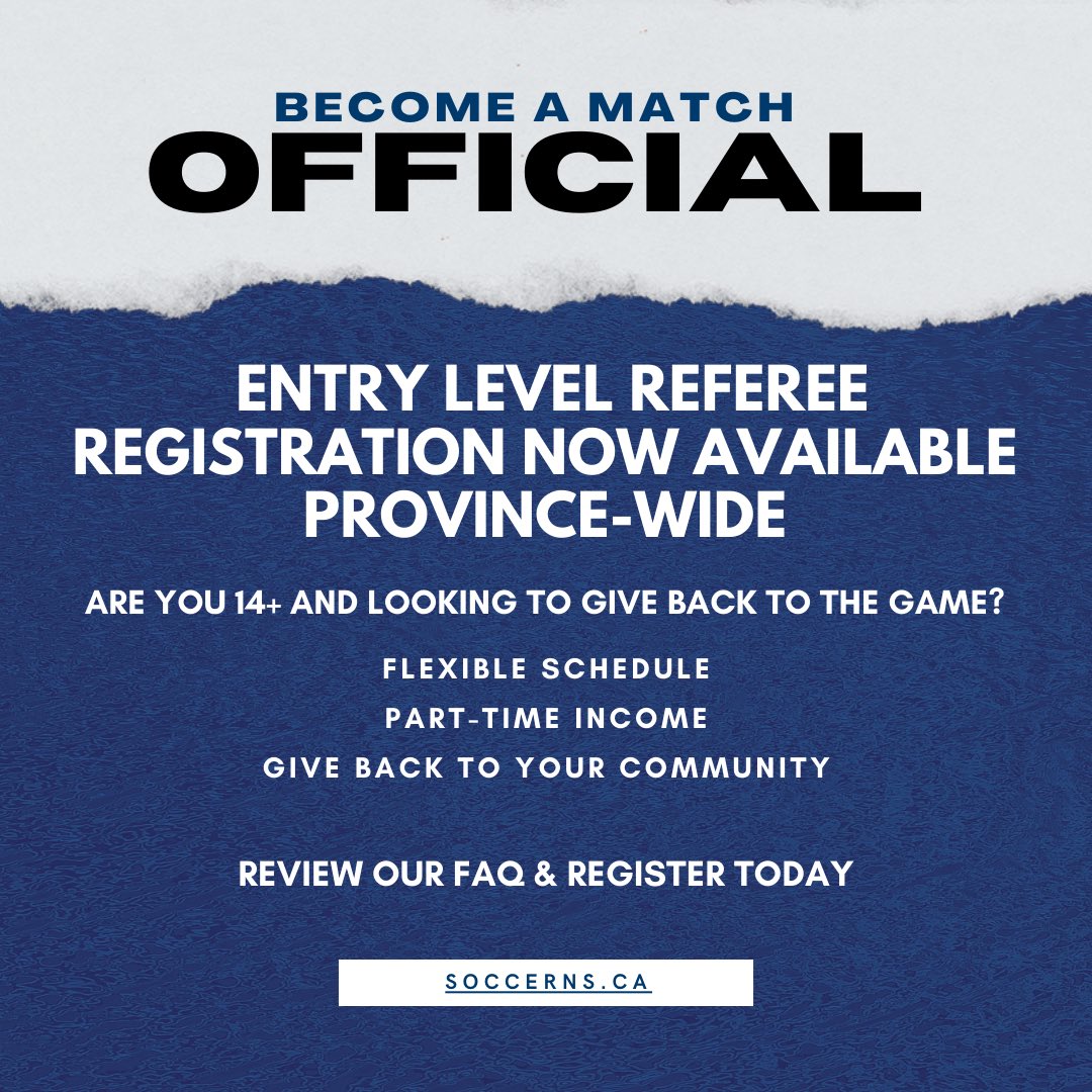 🫵🏼Are you looking to give back to the game? 

Entry level registration is now open province-wide: 

✅14 ➕
✅looking to make a difference
✅you want flexible part time work 

☑️read our FAQ 
☑️ Complete your online registration

Register today! 

🔗 soccerns.ca/entry-level-re…