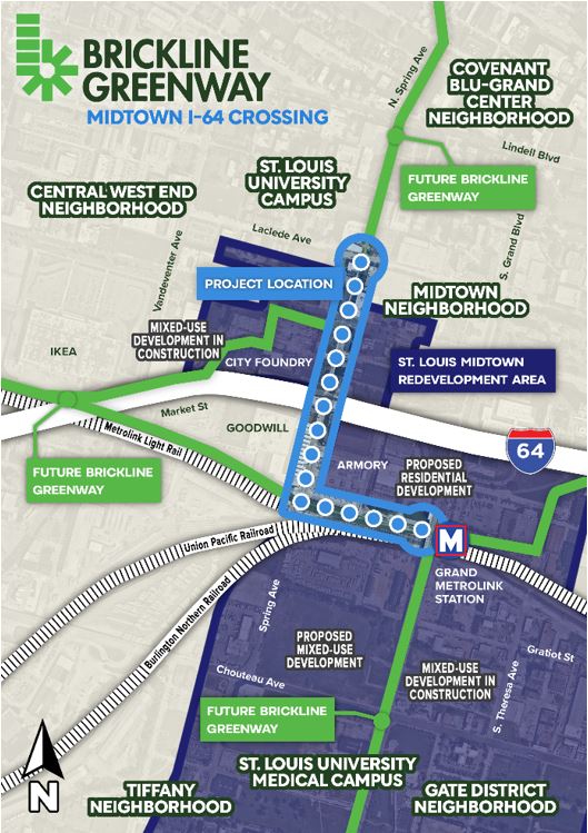 Great news this morning that @GreatRiversSTL was awarded nearly $10M for construction of a new greenway connection between the levels of I-64 in Midtown near Spring Ave from USDOT! One of several improved connections across the highway coming soon: greatriversgreenway.org/blog/2024/03/1…