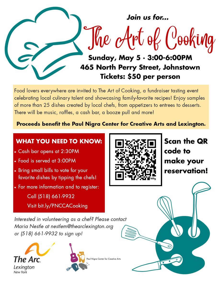 Mark your calendars for The Art of Cooking, a fundraiser to benefit the Nigra Arts Center!  Visit bit.ly/PNCCACooking for details &amp; tickets. Interested in sharing your favorite recipe? We're seeking volunteer chefs! Contact Maria Nestle at nestlem@thearclexington.org to apply