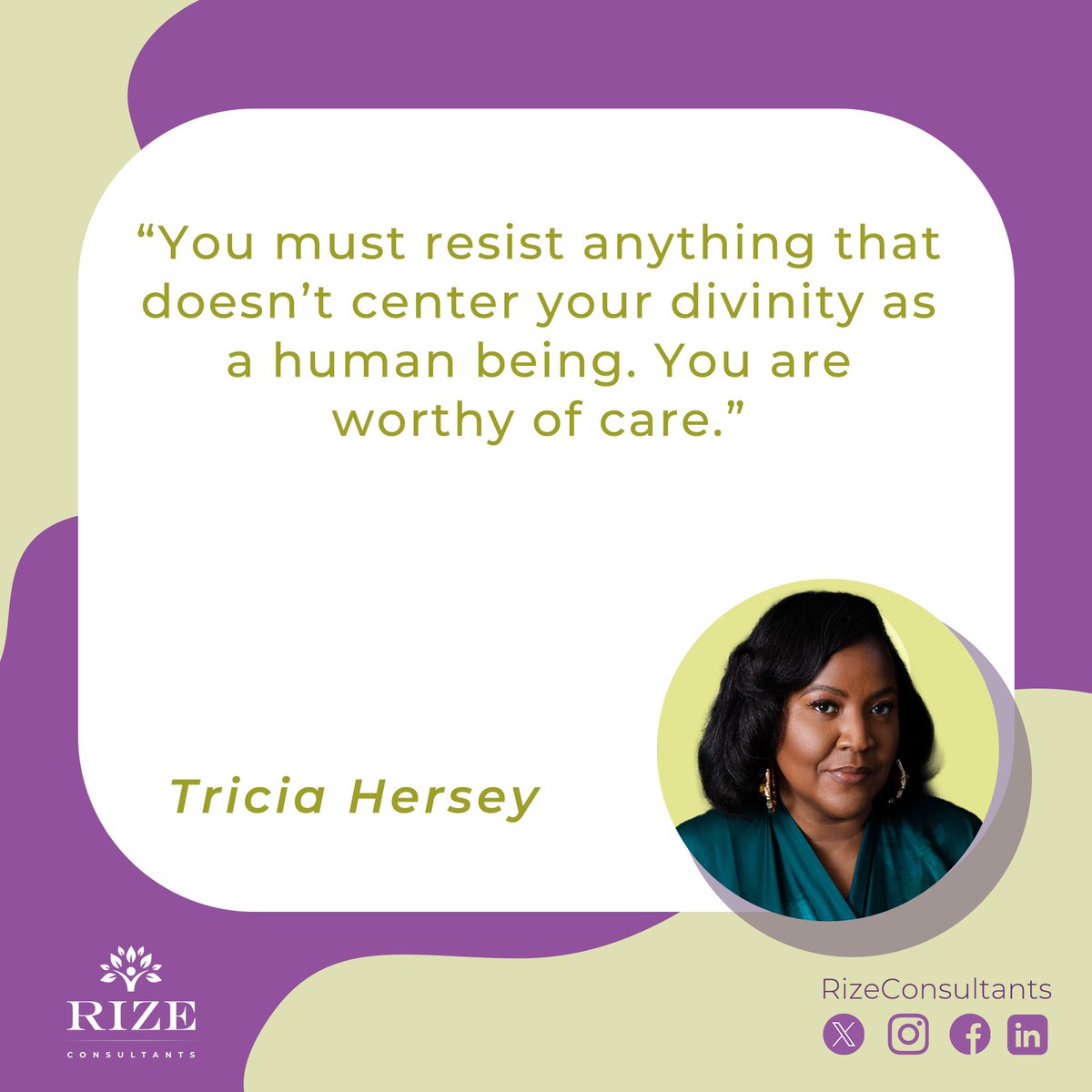 Embrace your inherent worth and the divinity within. Let's prioritize self-care and recognize our deservingness of it, not as a luxury, but as a fundamental right. 

#RizeConsultants #Rize #YouAreWorthy #SelfCareIsSacred #SelfCare