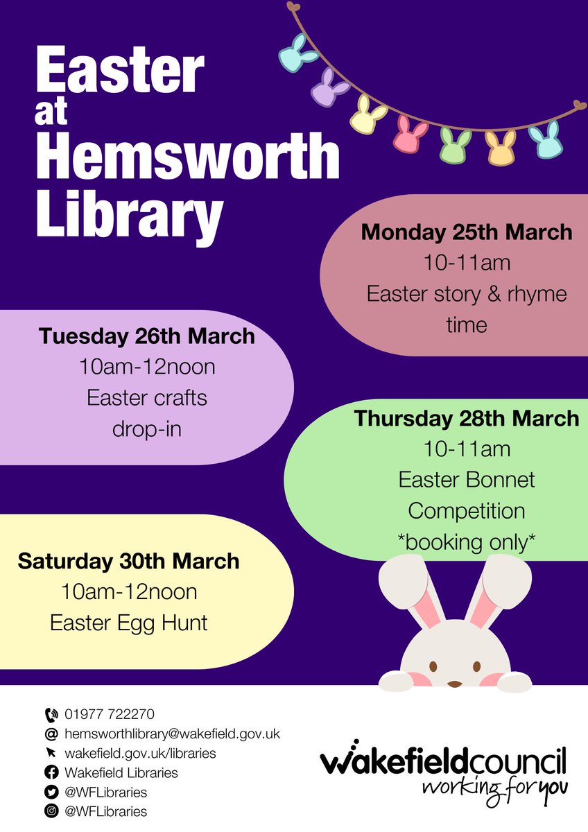 WFlibraries's tweet image. 🐰Join us at #HemsworthLibrary for a week of Easter fun!
📅25, 26, 28 &amp;amp; 30 Mar ⏰timings vary, see poster 📍Hemsworth Library
The Easter bonnet requires booking, visit the library desk or call 01977 722 270
#easter #thingstodo #hemsworth

@wfmuseum @mywakefield @wakeymumbler