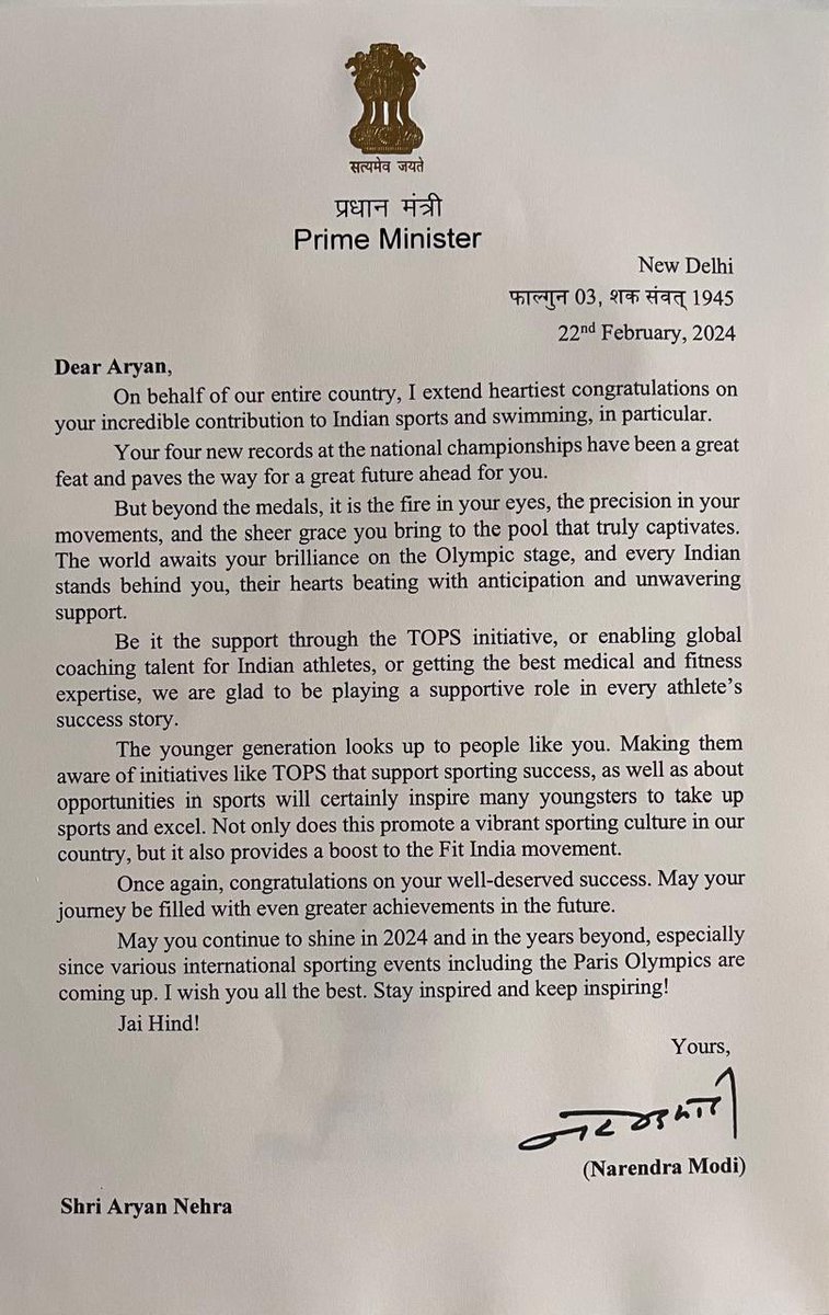 Grateful to receive this letter from Hon <a href="/PMOIndia/">PMO India</a> <a href="/narendramodi/">Narendra Modi</a> 
Thank you sir for your support and encouragement 🙏🇮🇳
#TeamIndia #indiansports