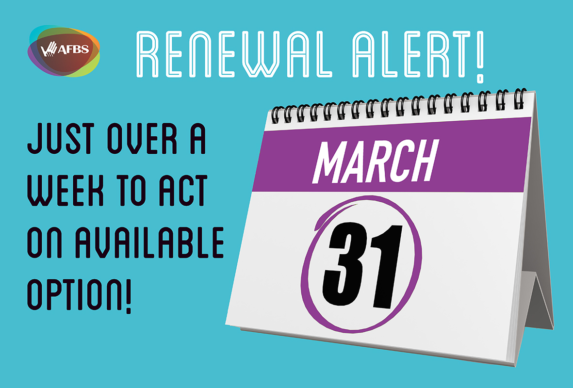 Over a week to act on any option available regarding your insurance coverage! Check your email & mail 💻📩 for your Members’ Insurance Program renewal info & insurance statement. Learn more at bit.ly/3VipBro Please note that the AFBS’ offices are closed for Good Friday.