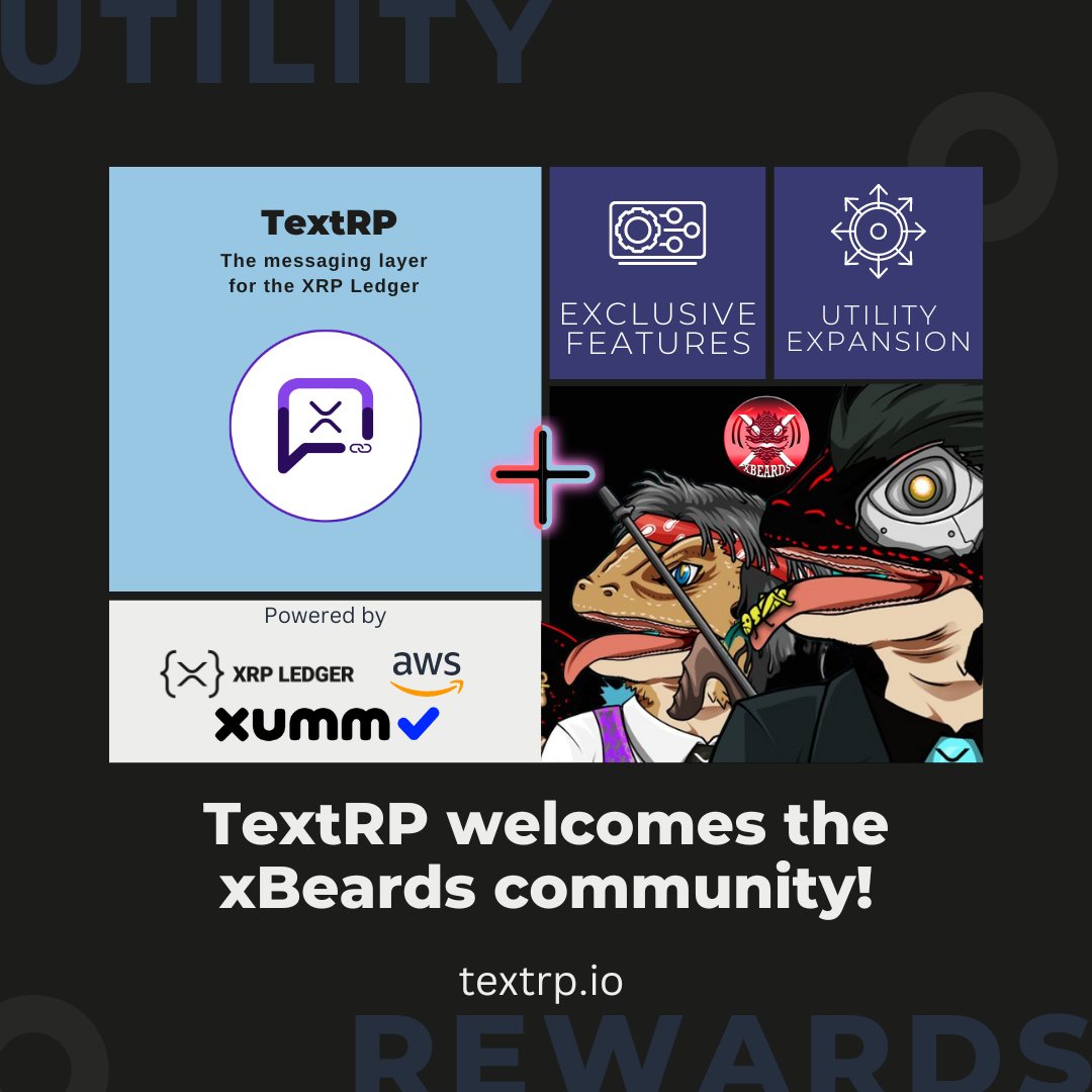 textrpsms's tweet photo. Tomorrow we welcome @beardiesclub to TextRP!
During our beta period, holders of #xBeards 'Suited and Booted #NFTs will have access to all premium features (X & Discord bridging, voice memo, voice/video chat)
https://t.co/OTIMADl5nl
Mint TextRP Launch Packs: https://t.co/tVnxcKrgAD
Mint xBeards: https://t.co/N879BvWqUW
#XRPLCommunity @XRPLMarketPlace